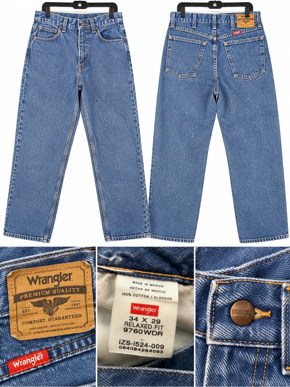 Wrangler Relaxed Fit 9760WDR Men’s Jeans 34x29 Medium Wash 100% Cotton